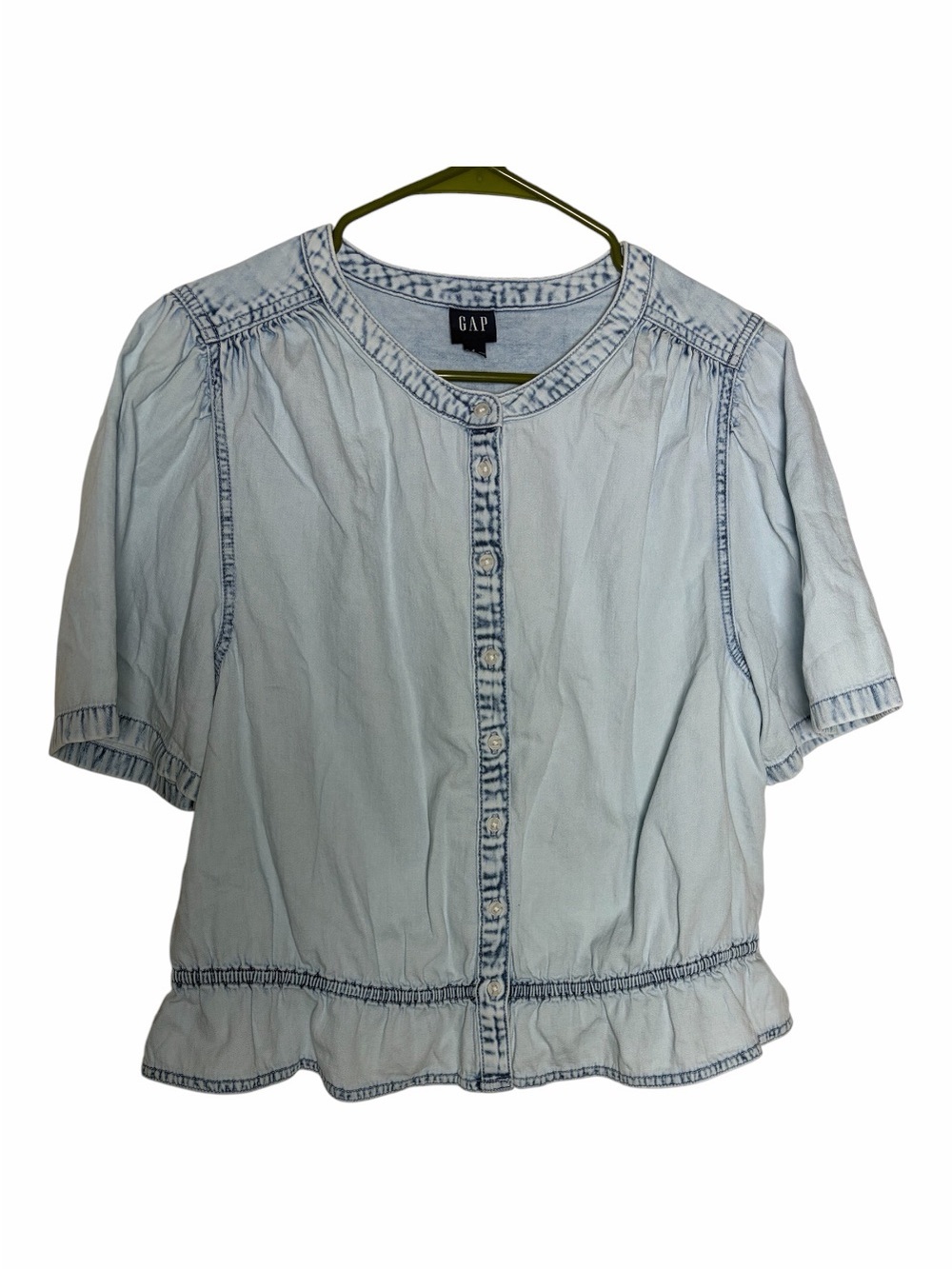 GAP Soft Denim-Look Light Blue Button Down Peplum Top